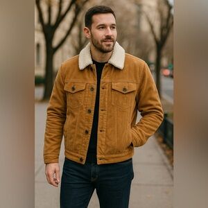 Lucky Brand Men's Kayne Corduroy Sherpa Trucker Jacket Fleece Lining Size Small